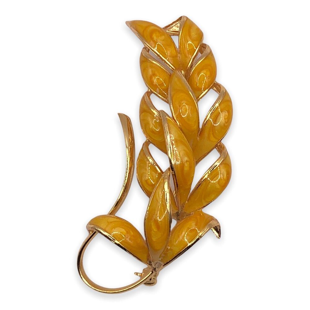 Vintage Enamel Floral Half Wreath Pin Brooch Yellow Gold Toned Flowers Leafs